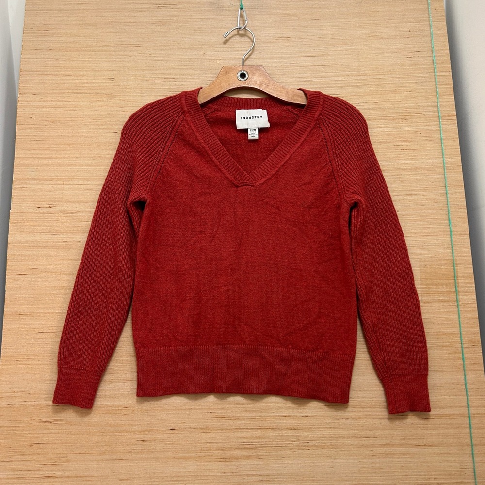 Industry Womens Rust Red V-Neck Raglan Ribbed Sleeve Knit Pullover Sweater XS
